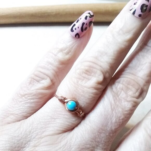 Trending! Sexy! Slim! Dainty! Turquoise Gemstone Ring + Durable Copper! Sz 7 - Picture 3 of 9